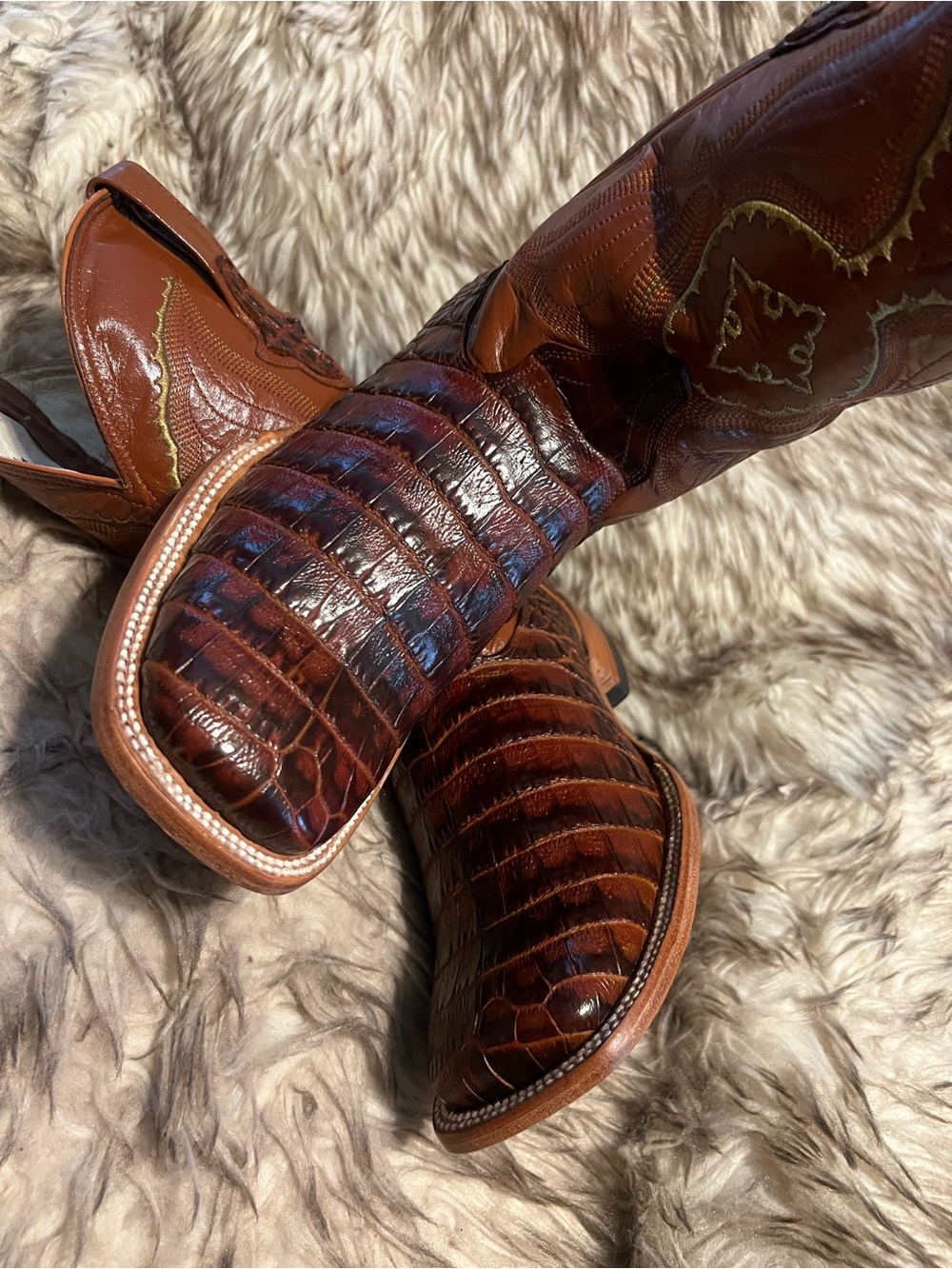 Men's Brown Exotic CAIMAN Print & Leather Western Boots with Embossed Shaft Sz 8 - Picture 13 of 15